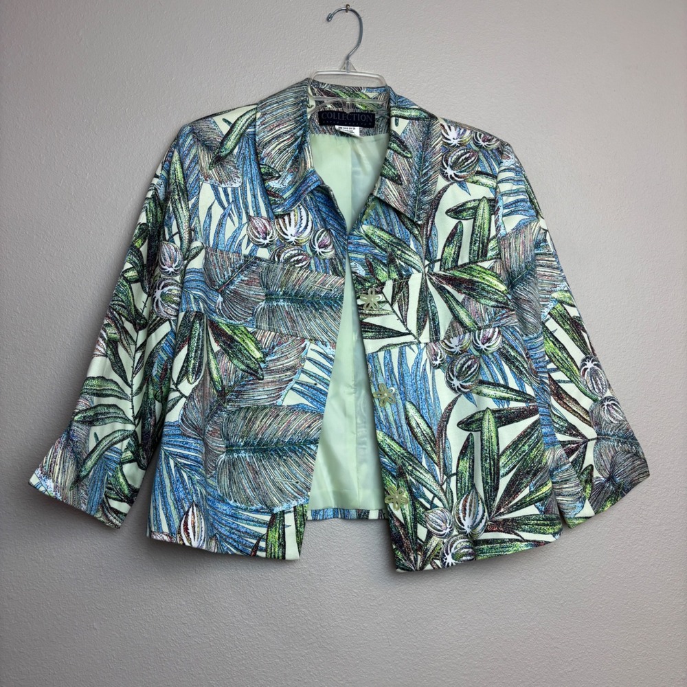 Colorful Jacket Womens 10 Green Blue Tropical Palm Leaf Flower Resortwear Floral - Picture 8 of 16